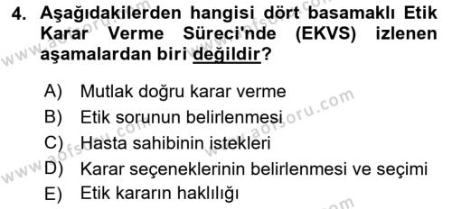 Veteriner Hizmetleri Mevzuatı ve Etik Dersi 2019 - 2020 Yılı (Final) Dönem Sonu Sınavı 4. Soru