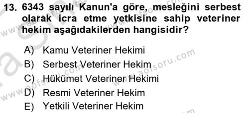 Veteriner Hizmetleri Mevzuatı ve Etik Dersi 2021 - 2022 Yılı (Vize) Ara Sınavı 13. Soru