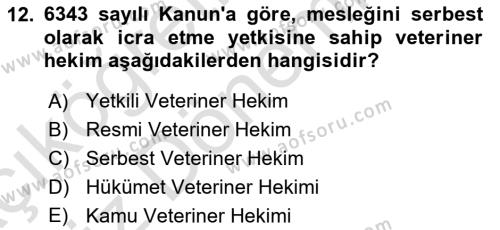 Veteriner Hizmetleri Mevzuatı ve Etik Dersi 2022 - 2023 Yılı (Vize) Ara Sınavı 12. Soru