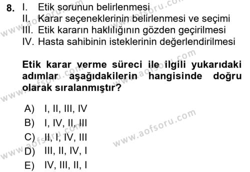 Veteriner Hizmetleri Mevzuatı ve Etik Dersi 2022 - 2023 Yılı (Vize) Ara Sınavı 8. Soru