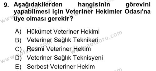 Veteriner Hizmetleri Mevzuatı ve Etik Dersi 2022 - 2023 Yılı Yaz Okulu Sınavı 9. Soru