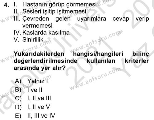 Temel Klinik Bilgisi Dersi 2021 - 2022 Yılı Yaz Okulu Sınavı 4. Soru