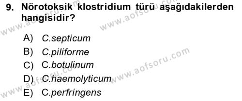 Veteriner Mikrobiyoloji ve Epidemiyoloji Dersi 2019 - 2020 Yılı (Final) Dönem Sonu Sınavı 9. Soru