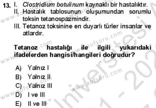 Veteriner Mikrobiyoloji ve Epidemiyoloji Dersi 2021 - 2022 Yılı Yaz Okulu Sınavı 13. Soru