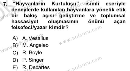 Laboratuvar Hayvanlarını Yetiştirme ve Sağlığı Dersi 2020 - 2021 Yılı Yaz Okulu Sınavı 7. Soru