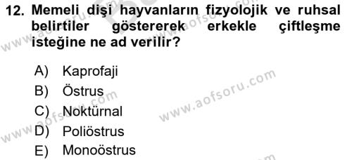 Laboratuvar Hayvanlarını Yetiştirme ve Sağlığı Dersi 2021 - 2022 Yılı (Final) Dönem Sonu Sınavı 12. Soru