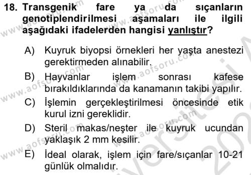 Laboratuvar Hayvanlarını Yetiştirme ve Sağlığı Dersi 2021 - 2022 Yılı Yaz Okulu Sınavı 18. Soru