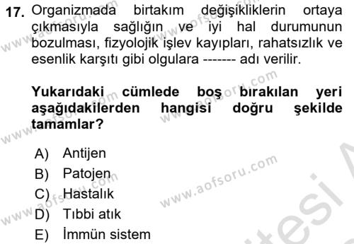 Laboratuvar Hayvanlarını Yetiştirme ve Sağlığı Dersi 2023 - 2024 Yılı (Final) Dönem Sonu Sınavı 17. Soru