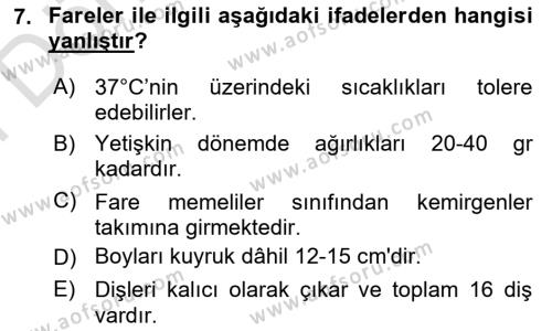 Laboratuvar Hayvanlarını Yetiştirme ve Sağlığı Dersi 2023 - 2024 Yılı (Final) Dönem Sonu Sınavı 7. Soru