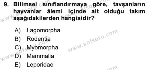 Laboratuvar Hayvanlarını Yetiştirme ve Sağlığı Dersi 2023 - 2024 Yılı (Final) Dönem Sonu Sınavı 9. Soru