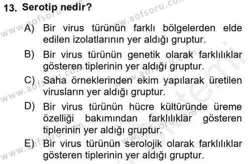 Viroloji Dersi 2018 - 2019 Yılı (Vize) Ara Sınavı 13. Soru