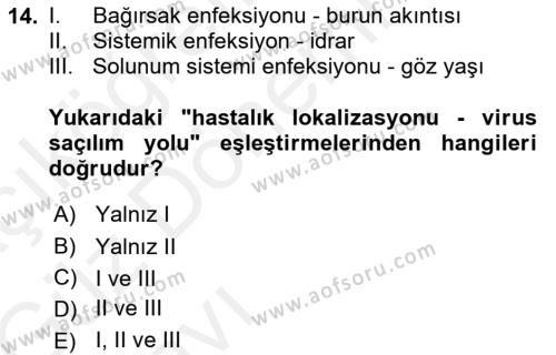 Viroloji Dersi 2018 - 2019 Yılı (Vize) Ara Sınavı 14. Soru