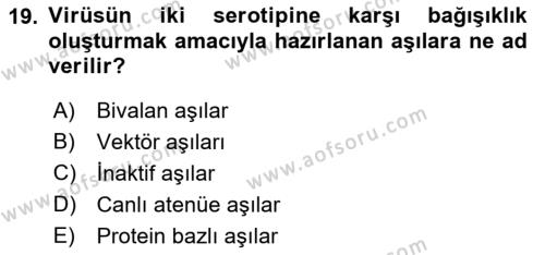 Viroloji Dersi 2021 - 2022 Yılı Yaz Okulu Sınavı 19. Soru