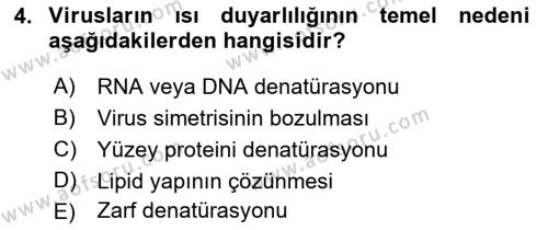 Viroloji Dersi 2023 - 2024 Yılı (Vize) Ara Sınavı 4. Soru