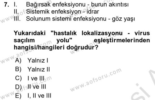 Viroloji Dersi 2023 - 2024 Yılı Yaz Okulu Sınavı 7. Soru