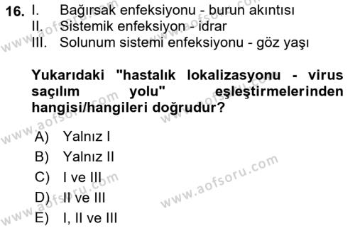 Viroloji Dersi 2024 - 2025 Yılı (Vize) Ara Sınavı 16. Soru