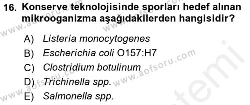 Gıda Güvenliğinin Temel Prensipleri Dersi 2018 - 2019 Yılı (Final) Dönem Sonu Sınavı 16. Soru