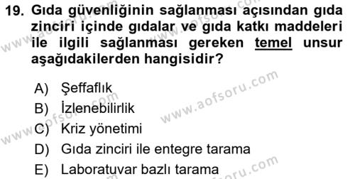 Gıda Güvenliğinin Temel Prensipleri Dersi 2018 - 2019 Yılı (Final) Dönem Sonu Sınavı 19. Soru