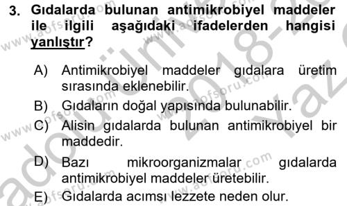 Gıda Güvenliğinin Temel Prensipleri Dersi 2018 - 2019 Yılı Yaz Okulu Sınavı 3. Soru