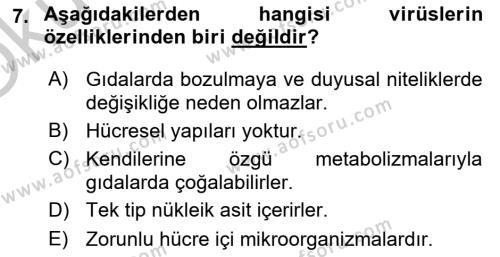 Gıda Güvenliğinin Temel Prensipleri Dersi 2018 - 2019 Yılı Yaz Okulu Sınavı 7. Soru