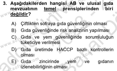 Gıda Güvenliğinin Temel Prensipleri Dersi 2023 - 2024 Yılı (Vize) Ara Sınavı 3. Soru