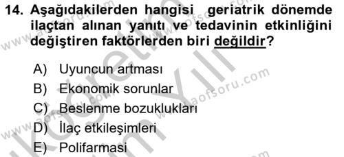 Temel İlaç Bilgisi Ve Akılcı İlaç Kullanımı Dersi 2016 - 2017 Yılı 3 Ders Sınavı 14. Soru