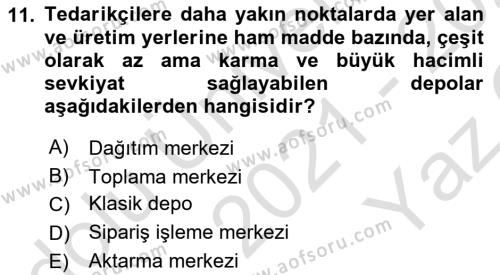 Lojistik İlkeleri Dersi 2021 - 2022 Yılı Yaz Okulu Sınavı 11. Soru