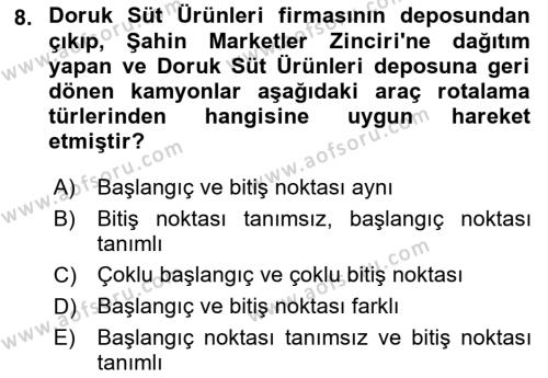 Çağdaş Lojistik Uygulamaları Dersi 2018 - 2019 Yılı (Final) Dönem Sonu Sınavı 8. Soru