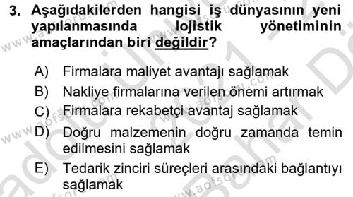 Çağdaş Lojistik Uygulamaları Dersi 2021 - 2022 Yılı (Vize) Ara Sınavı 3. Soru