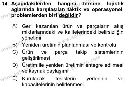 Çağdaş Lojistik Uygulamaları Dersi 2021 - 2022 Yılı (Final) Dönem Sonu Sınavı 14. Soru