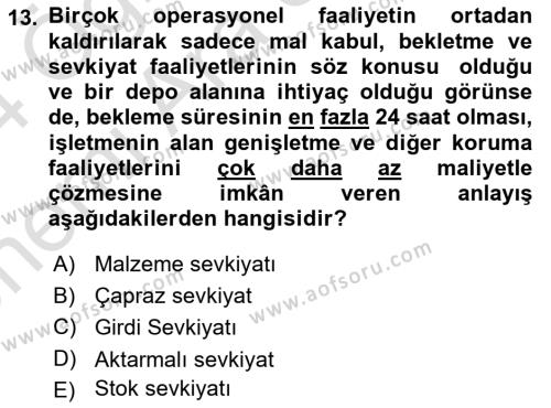 Çağdaş Lojistik Uygulamaları Dersi 2023 - 2024 Yılı (Vize) Ara Sınavı 13. Soru