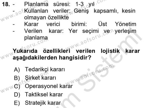 Çağdaş Lojistik Uygulamaları Dersi 2023 - 2024 Yılı (Vize) Ara Sınavı 18. Soru