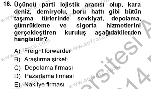 Lojistik Yönetimi Dersi 2013 - 2014 Yılı (Final) Dönem Sonu Sınavı 16. Soru