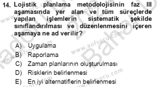 Lojistik Yönetimi Dersi 2021 - 2022 Yılı (Vize) Ara Sınavı 14. Soru