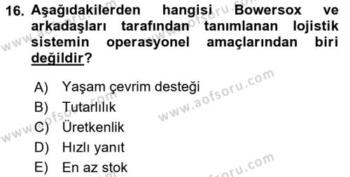 Uluslararası Lojistik Dersi 2022 - 2023 Yılı (Final) Dönem Sonu Sınavı 16. Soru