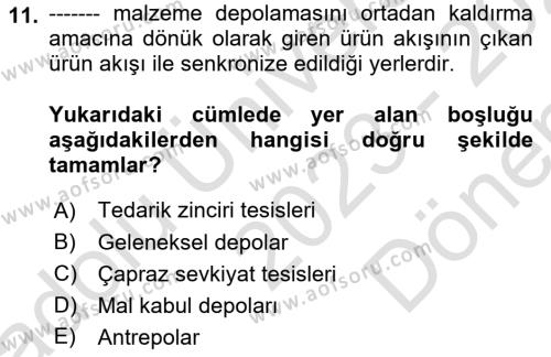 Uluslararası Lojistik Dersi 2023 - 2024 Yılı (Final) Dönem Sonu Sınavı 11. Soru