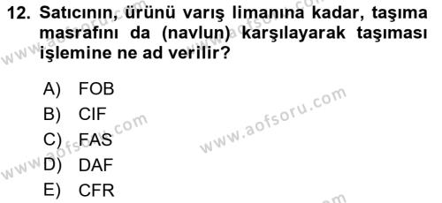 Uluslararası Lojistik Dersi 2024 - 2025 Yılı (Vize) Ara Sınavı 12. Soru