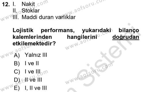 Lojistik Maliyetleri ve Raporlama 2 Dersi 2018 - 2019 Yılı 3 Ders Sınavı 12. Soru