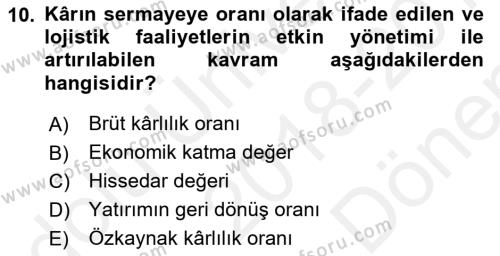 Lojistik Maliyetleri ve Raporlama 2 Dersi 2018 - 2019 Yılı (Final) Dönem Sonu Sınavı 10. Soru