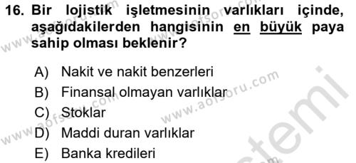 Lojistik Maliyetleri ve Raporlama 2 Dersi 2020 - 2021 Yılı Yaz Okulu Sınavı 16. Soru