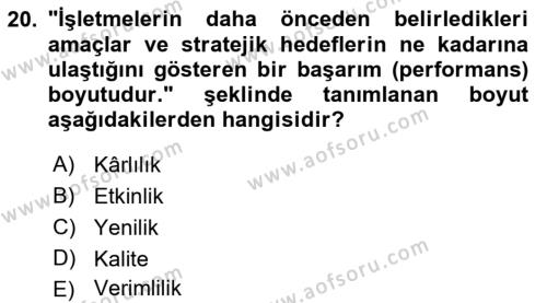 Lojistik Maliyetleri ve Raporlama 2 Dersi 2021 - 2022 Yılı Yaz Okulu Sınavı 20. Soru