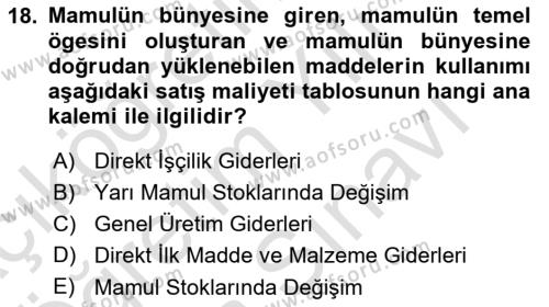 Lojistik Maliyetleri ve Raporlama 2 Dersi 2023 - 2024 Yılı (Vize) Ara Sınavı 18. Soru