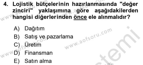 Lojistik Maliyetleri ve Raporlama 2 Dersi 2023 - 2024 Yılı (Vize) Ara Sınavı 4. Soru