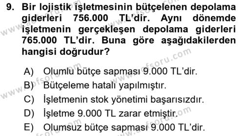 Lojistik Maliyetleri ve Raporlama 2 Dersi 2023 - 2024 Yılı (Vize) Ara Sınavı 9. Soru