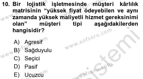 Lojistik Maliyetleri ve Raporlama 2 Dersi 2023 - 2024 Yılı (Final) Dönem Sonu Sınavı 10. Soru