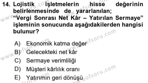 Lojistik Maliyetleri ve Raporlama 2 Dersi 2023 - 2024 Yılı (Final) Dönem Sonu Sınavı 14. Soru