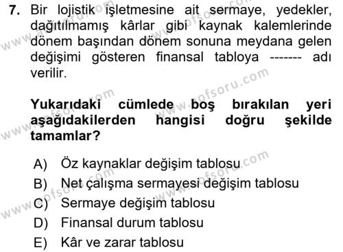 Lojistik Maliyetleri ve Raporlama 2 Dersi 2023 - 2024 Yılı (Final) Dönem Sonu Sınavı 7. Soru