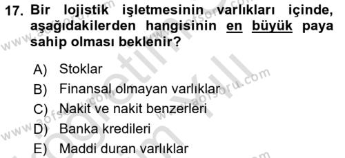 Lojistik Maliyetleri ve Raporlama 2 Dersi 2023 - 2024 Yılı Yaz Okulu Sınavı 17. Soru