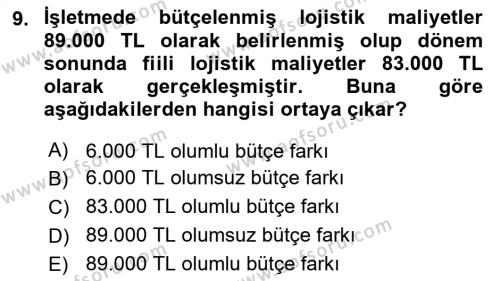 Lojistik Maliyetleri ve Raporlama 2 Dersi 2023 - 2024 Yılı Yaz Okulu Sınavı 9. Soru