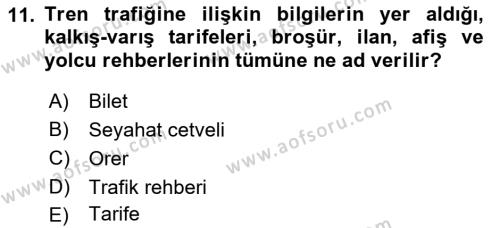 Ulaştırma Sistemleri Dersi 2019 - 2020 Yılı (Vize) Ara Sınavı 11. Soru